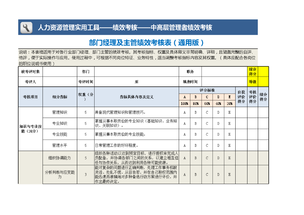 部门经理及主管绩效考核表（通用）.xlsx
