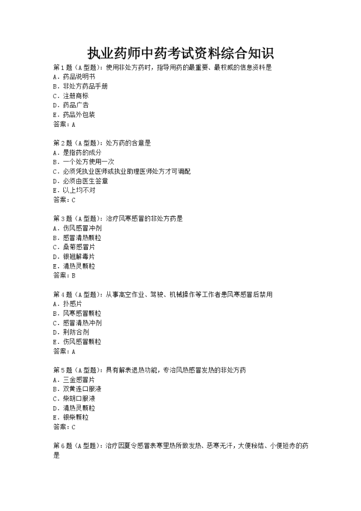 执业药师中药考试资料综合知识.docx